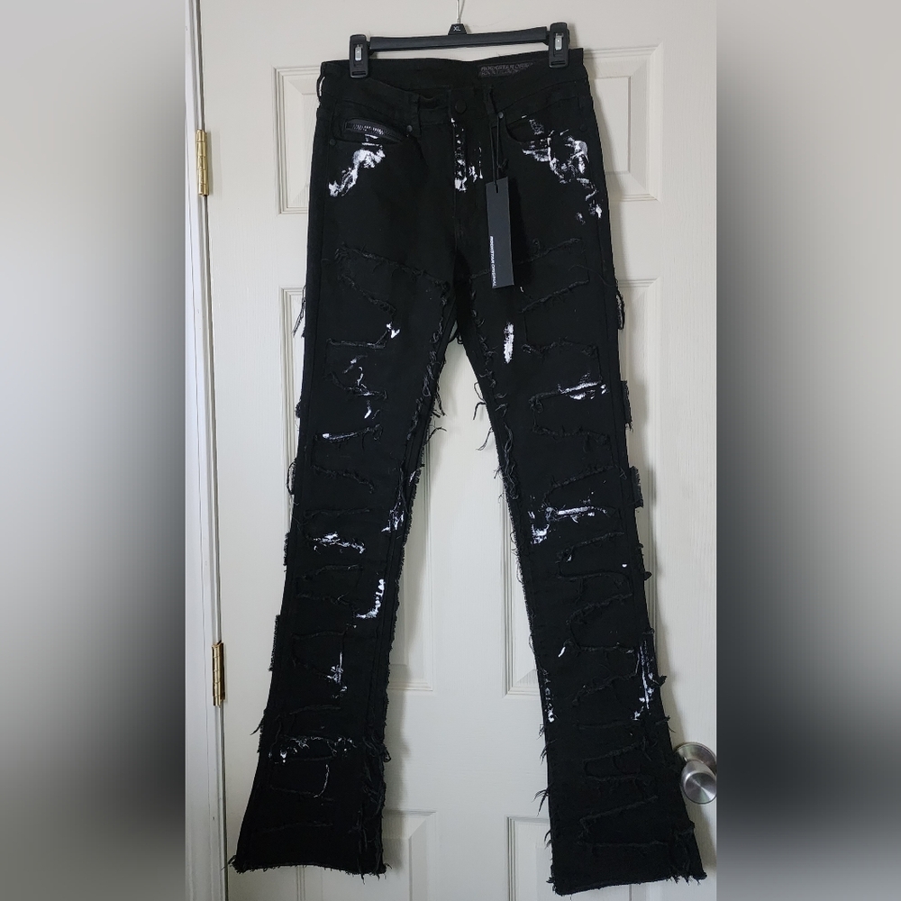 ROCKSTAR Stacked Shake Flared Jeans! WILD Paint Spatter + Tatters! NEW WITH TAGS